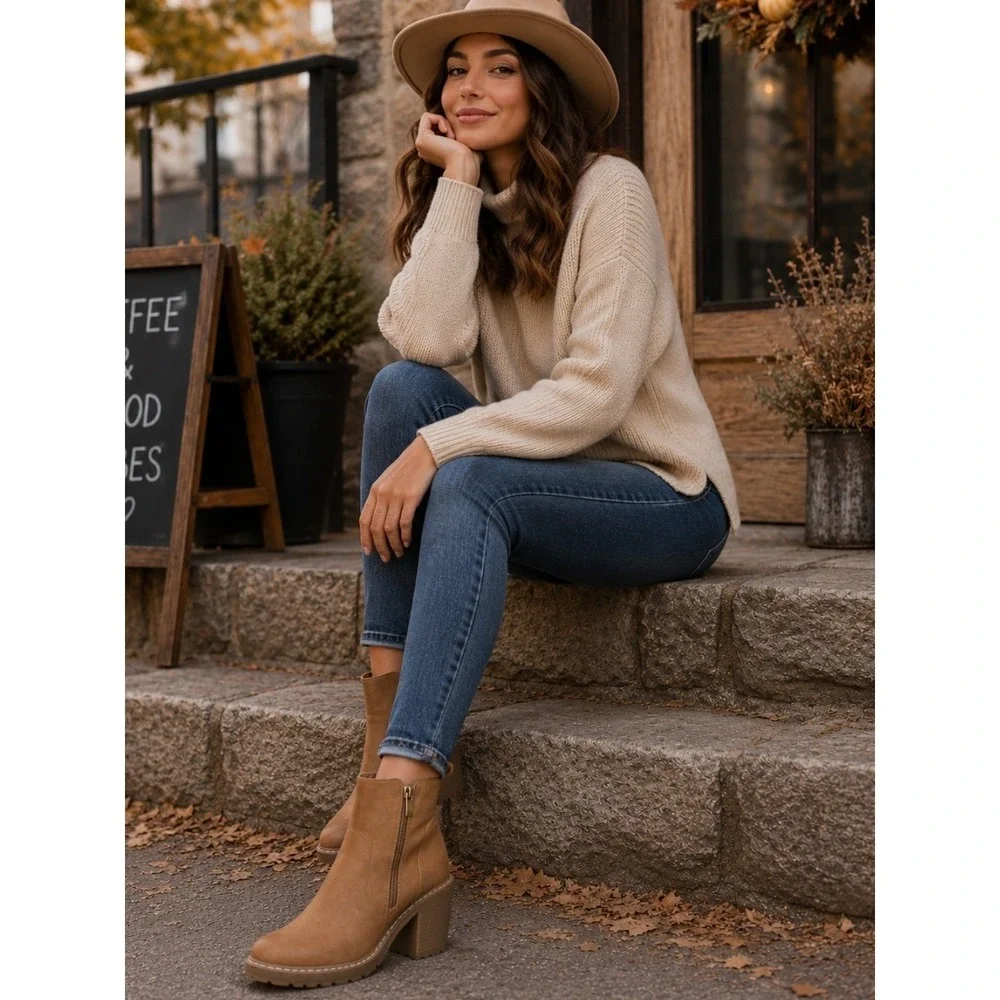 Corkys Rocky Top Chunky Ankle Boots Camel Faux Leather Lug Sole Booties 10 NWT